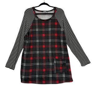 Egs California Red Black Plaid Striped Sleeves Long Sleeve Tunic Top Size XL‎